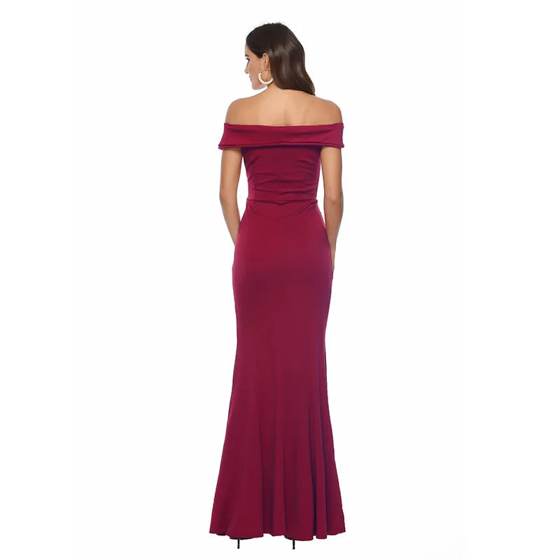 S-2XL Spring and Summer New One-shoulder V-neck Split Dress Banquet Evening Dress Women's Floor-length Dress