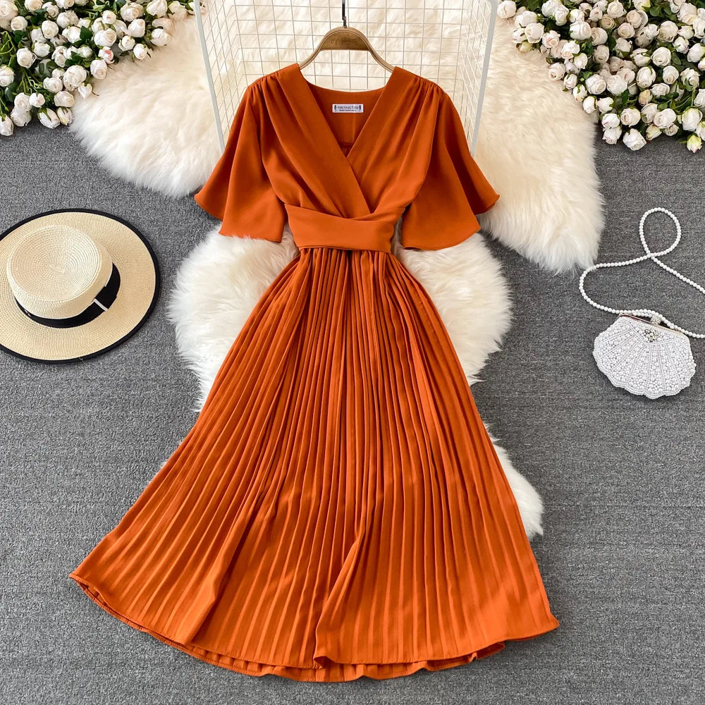 Women Puff Sleeve Dress Solid Color Bow Casual Fashion Summer High Waist Dress V-neck Midi A-line Dresses Ladies