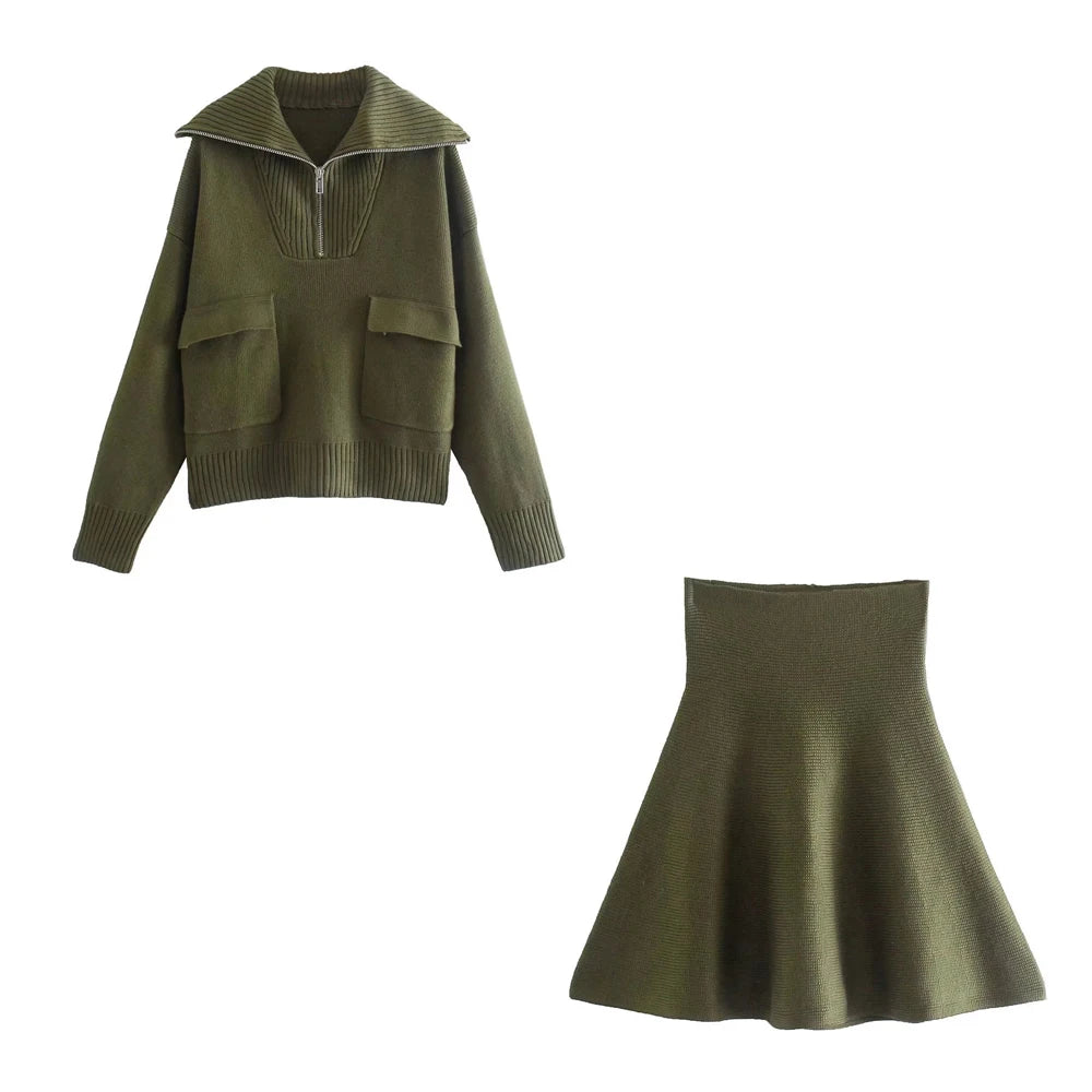 Knitted Skirt Suits For Women Two Piece Set Women Skirt Zipper Solid Color Tops High-Waisted Mini Skirt 2021 Women Knitted Suit