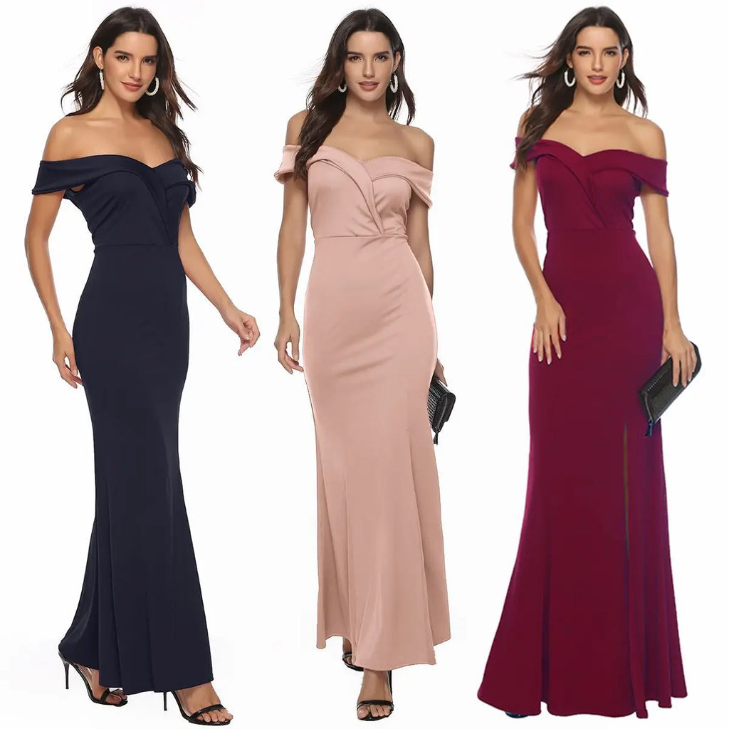 S-2XL Spring and Summer New One-shoulder V-neck Split Dress Banquet Evening Dress Women's Floor-length Dress