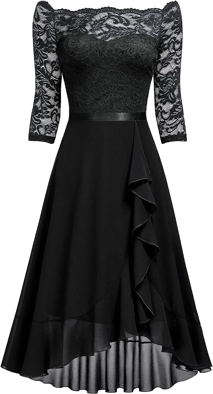 Off Shoulder Floral Lace Front Split Three Quarter Sleeves Bridesmaid Party Dress
