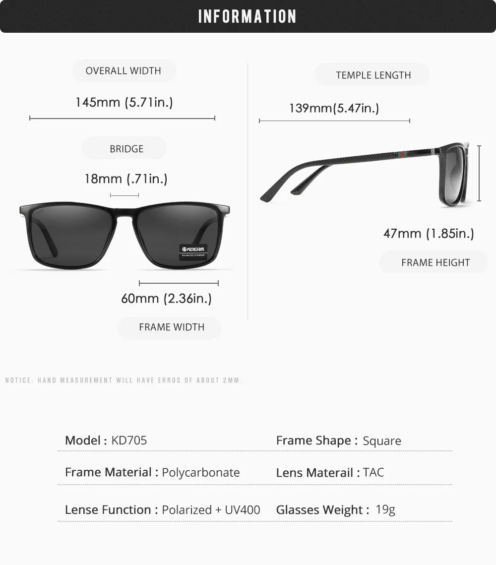 KDEAM Square Sunglasses for Men Polarized Retro Classic Stylish Shades Ultra Light Weight Driving Glasses With Free Zip Case