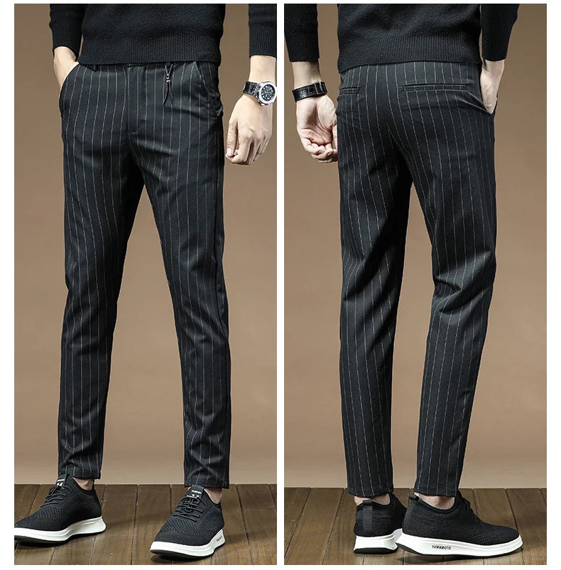 Men's Dress Pants Fashion Plaid Stripe Business Slim Fit Office Classic Retro Suit Pant Korean British Style Wedding Trousers