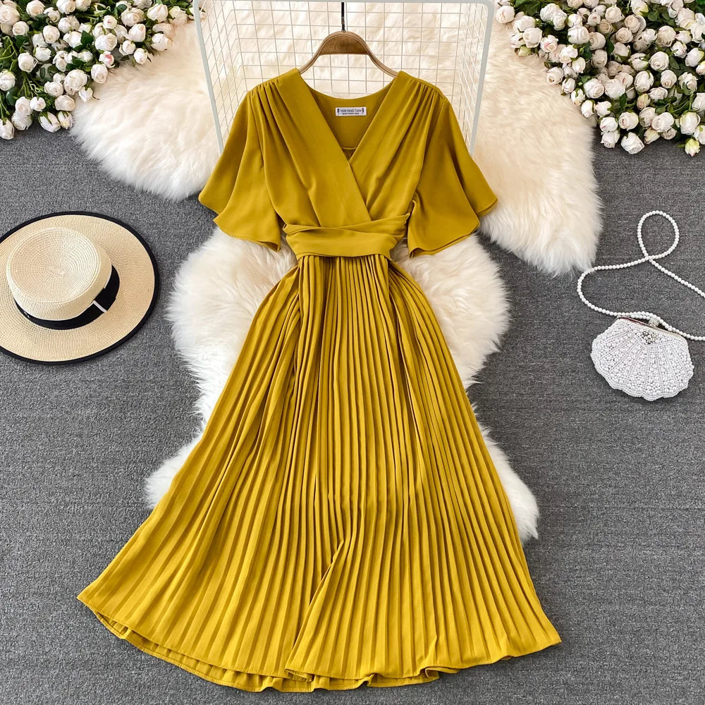 Women Puff Sleeve Dress Solid Color Bow Casual Fashion Summer High Waist Dress V-neck Midi A-line Dresses Ladies
