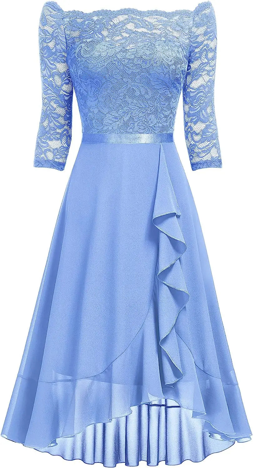 Off Shoulder Floral Lace Front Split Three Quarter Sleeves Bridesmaid Party Dress