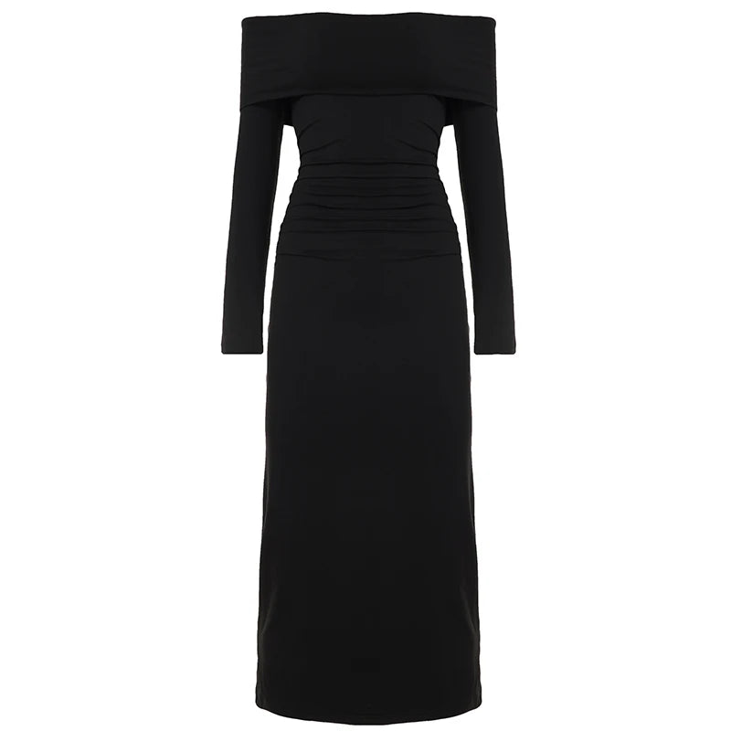 off Shoulder Bodycon Maxi Dress 2025 New Winter Elegant Sexy Solid Color Long Sleeve Natural Washable Daily Wear Casual Party