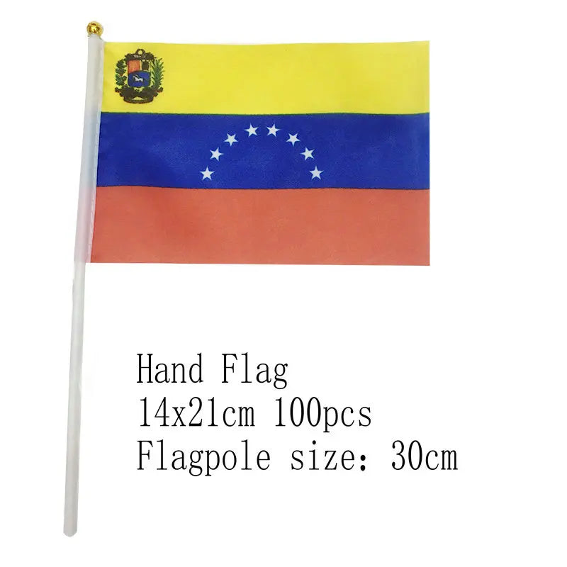 Venezuela Hand Flag 14*21cm 10/20/50/100pcs polyester Venezuela Small Hand waving Flag with plastic flagpole for decoration