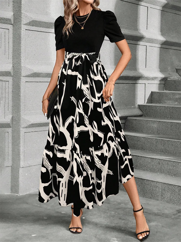 European and American Women's Flower Printed Dresses High Waist Fashion Elegant Temperament Short Sleeve Dress