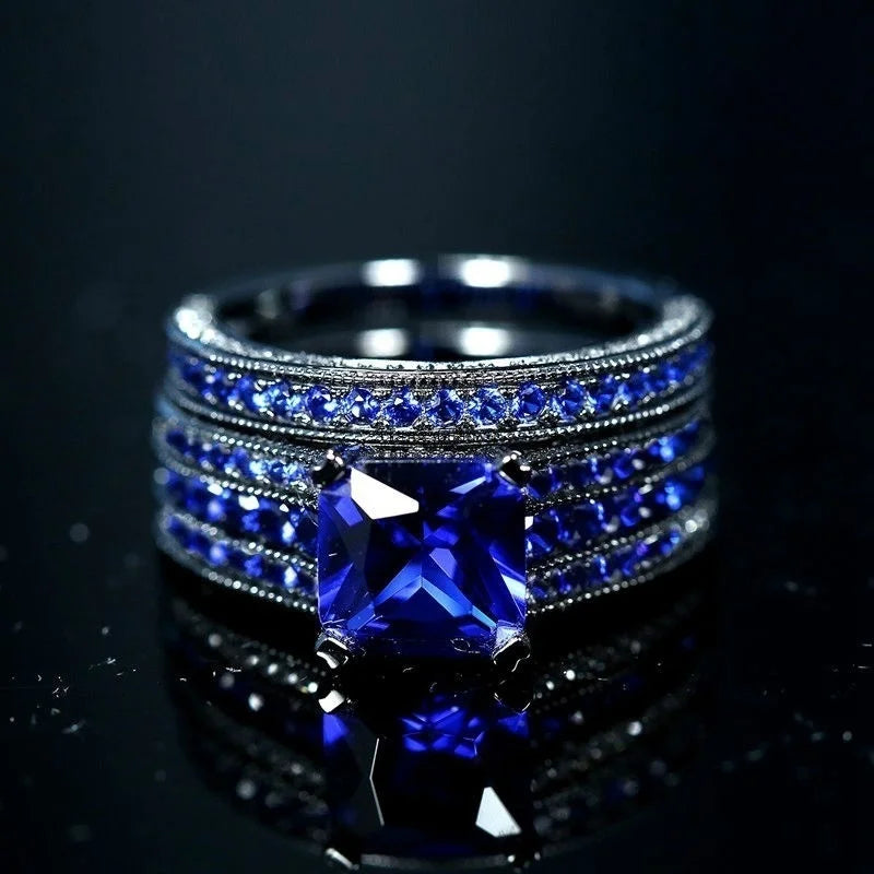 Fashion Jewelry Lovers Rings Women's Blue Zircon Engagement Ring Sets Men's Stainless Steel Wedding Band Anniversary Gift