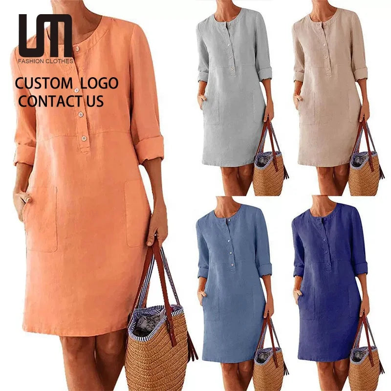Liu Ming Wholesale Spring Elegant Women Round Neck Long Sleeve Cotton Linen Casual Midi Dress