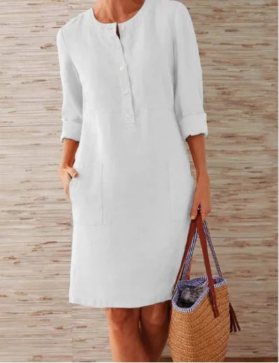Liu Ming Wholesale Spring Elegant Women Round Neck Long Sleeve Cotton Linen Casual Midi Dress