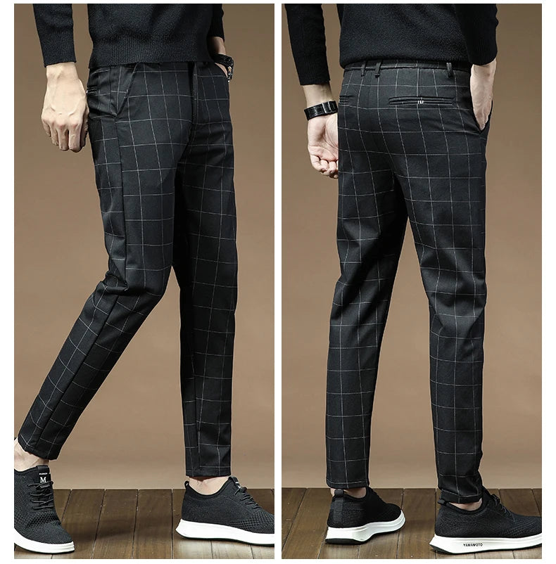 Men's Dress Pants Fashion Plaid Stripe Business Slim Fit Office Classic Retro Suit Pant Korean British Style Wedding Trousers