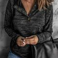 Women's Black Heathered Print Button Snap Neck Pullover Hoodie