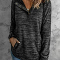 Women's Black Heathered Print Button Snap Neck Pullover Hoodie