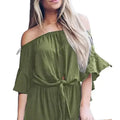 Casual Green Bell Sleeve Off Shoulder Front Tie Knot Romper
