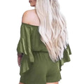 Casual Green Bell Sleeve Off Shoulder Front Tie Knot Romper