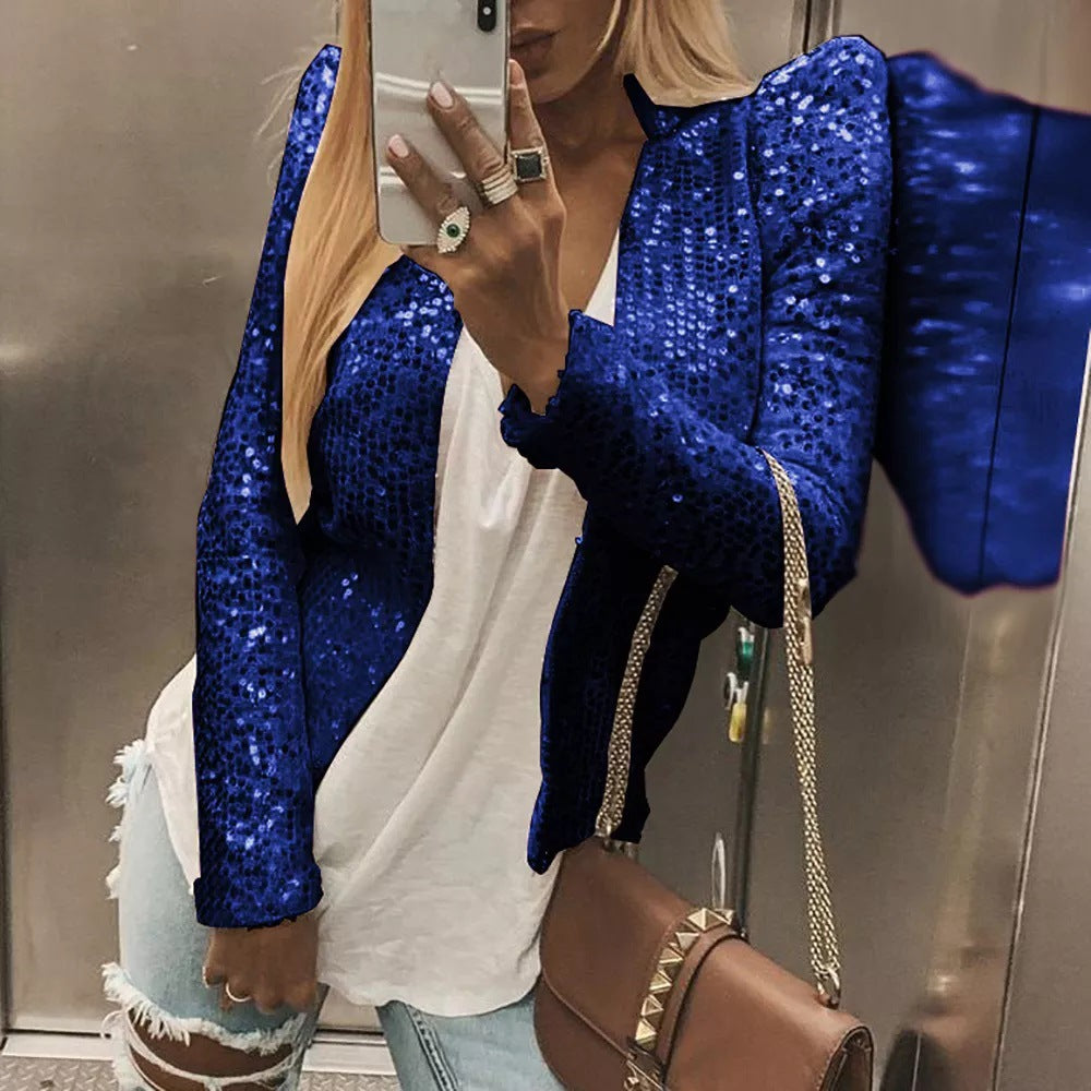 Street fashion stand up collar solid color party flash new jacket cardigan short casual versatile women