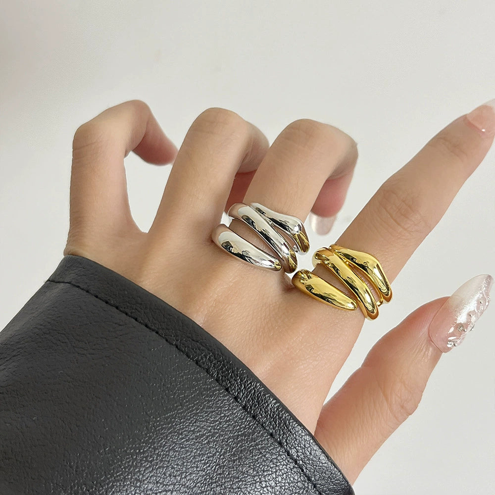 INS Style Minimalist Multi-Layer Cut Out Metal Ring for Women Niche Style Open-End Personality Ring Accessible Luxury Fancy Index Finger Ring