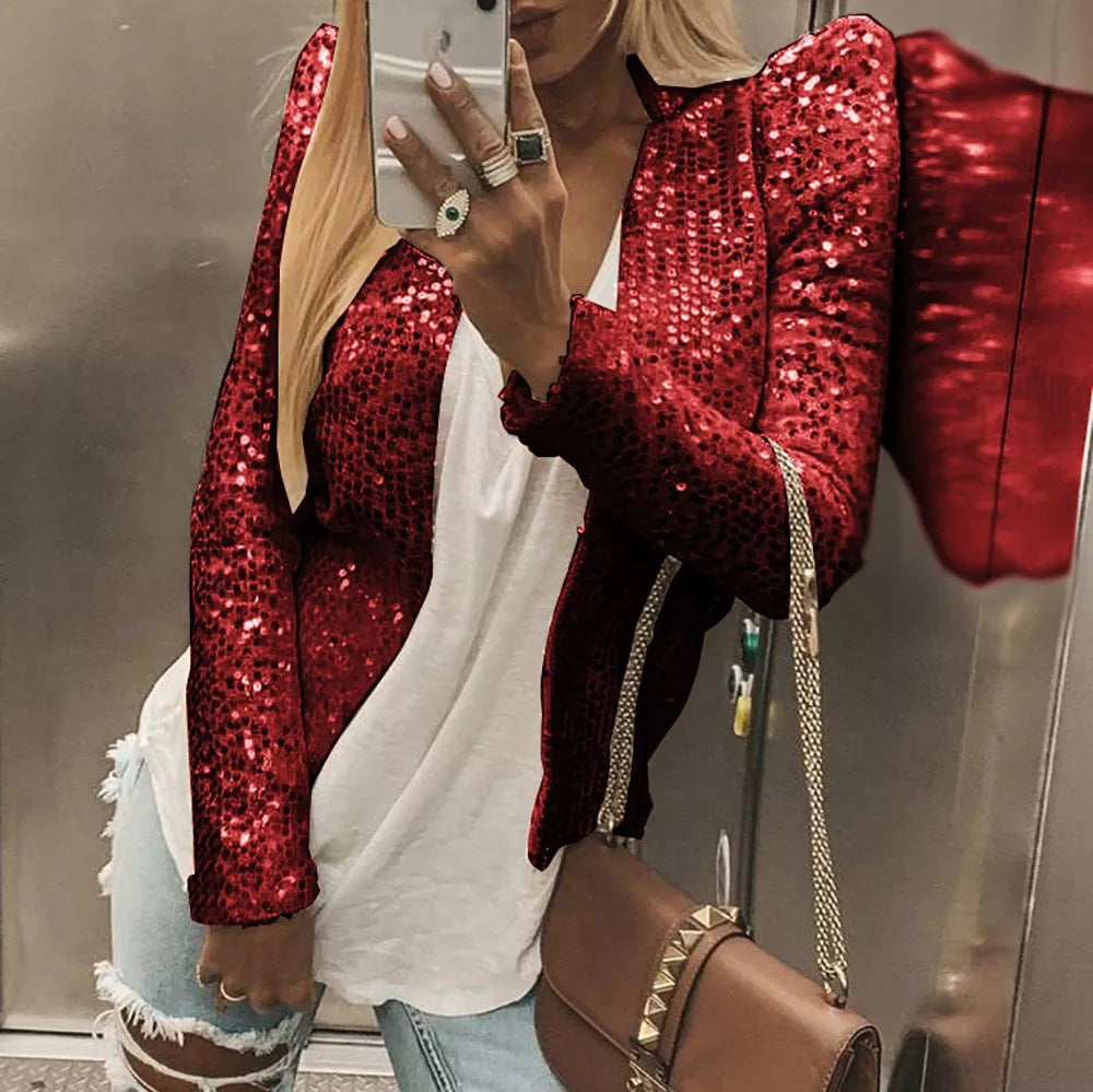 Street fashion stand up collar solid color party flash new jacket cardigan short casual versatile women
