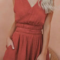 Red Smocked Pocketed Sleeveless V Neck Romper