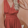 Red Smocked Pocketed Sleeveless V Neck Romper