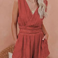 Red Smocked Pocketed Sleeveless V Neck Romper