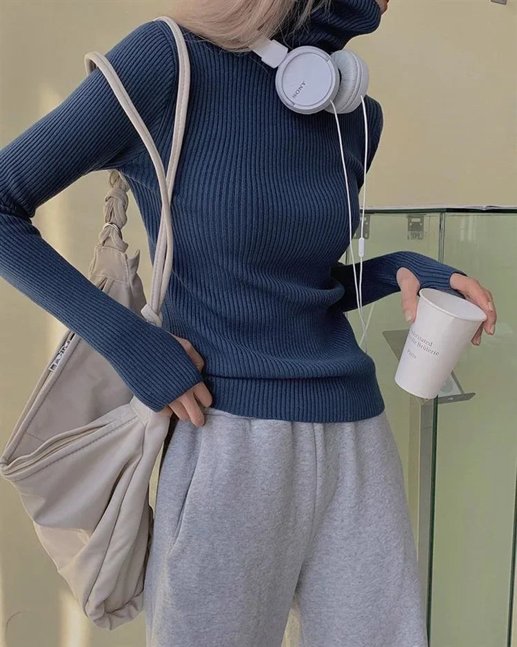 Women Turtlneck Sweater Elegant Solid Basic Knitted Tops Casual Pullover Korean Fashion Simple with Thumb Holes Chic Clothes