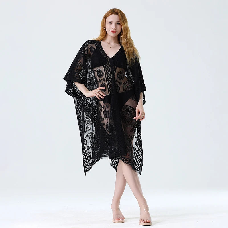 Swim Cover Up Lace White Beach Dress Sexy Long Cover up Woman Swimwear Bikini Tunic Long Pareos Robe Beachwear Outfit