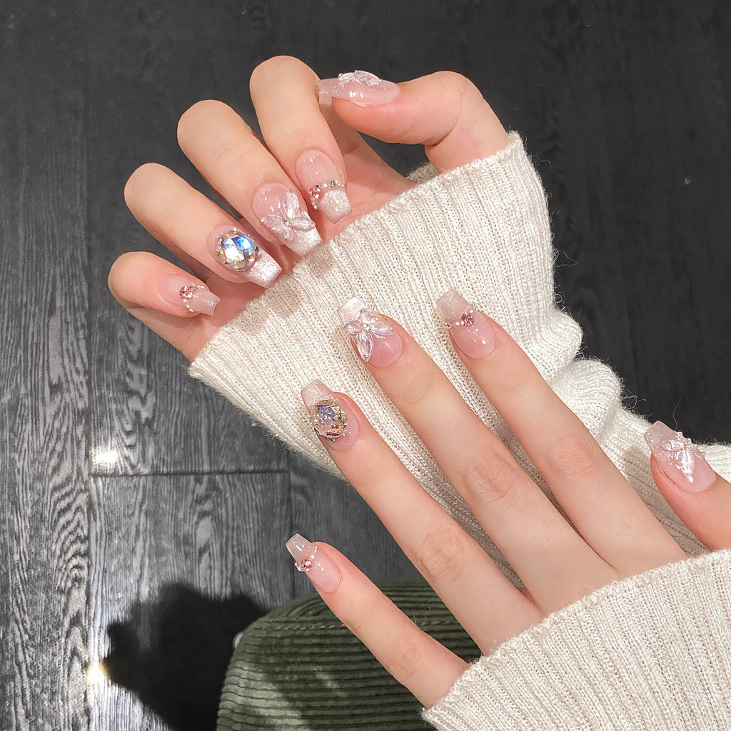 Butterfly Cat Eye Press-On Nails | 10pcs Pink Handmade French | Reusable Wearable Nail Art Tips