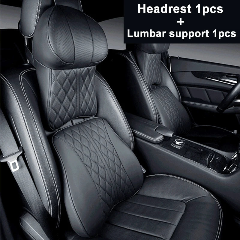 Car Leather Headrest Lumbar Support Memory Foam Car Rest Neck Pillow Back Cushion Seat Waist Supports Car Interior Accessories