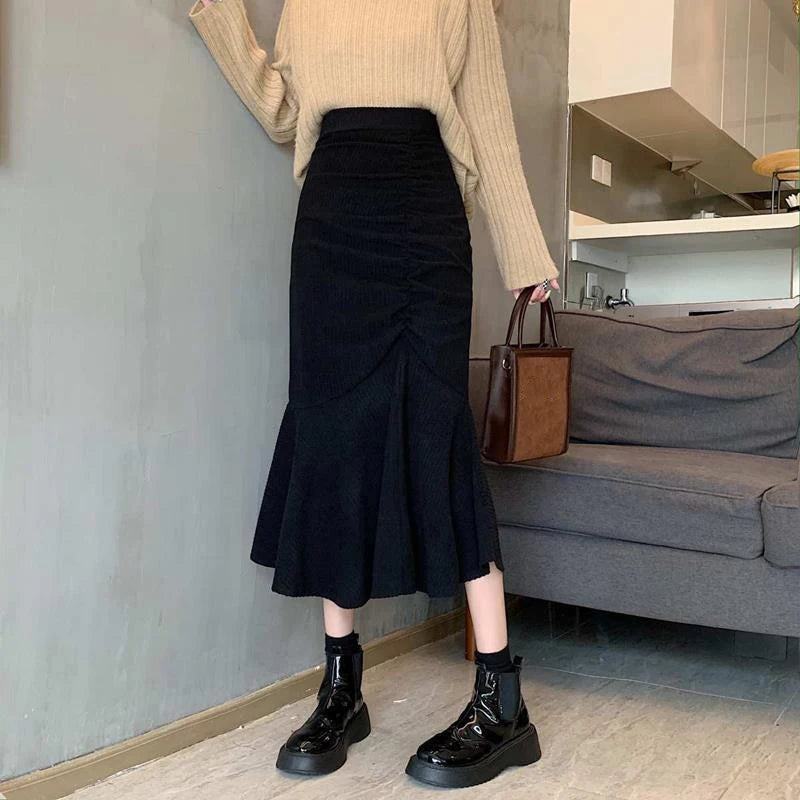 Fashion High Waist Midi Skirts for Women 2023 Spring Slim Fit  Hip Mermaid Skirt Woman Korean Ruffles Brown Skirts 2XL