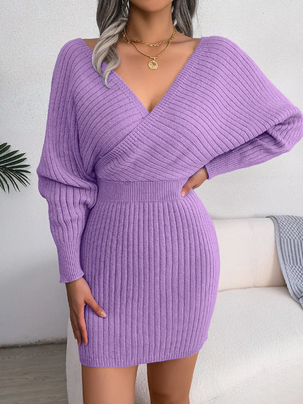 Women's V Neck Waist Tie Sweater Dress - Bodycon Long Sleeve Solid Knit for Fall Winter Holiday Party