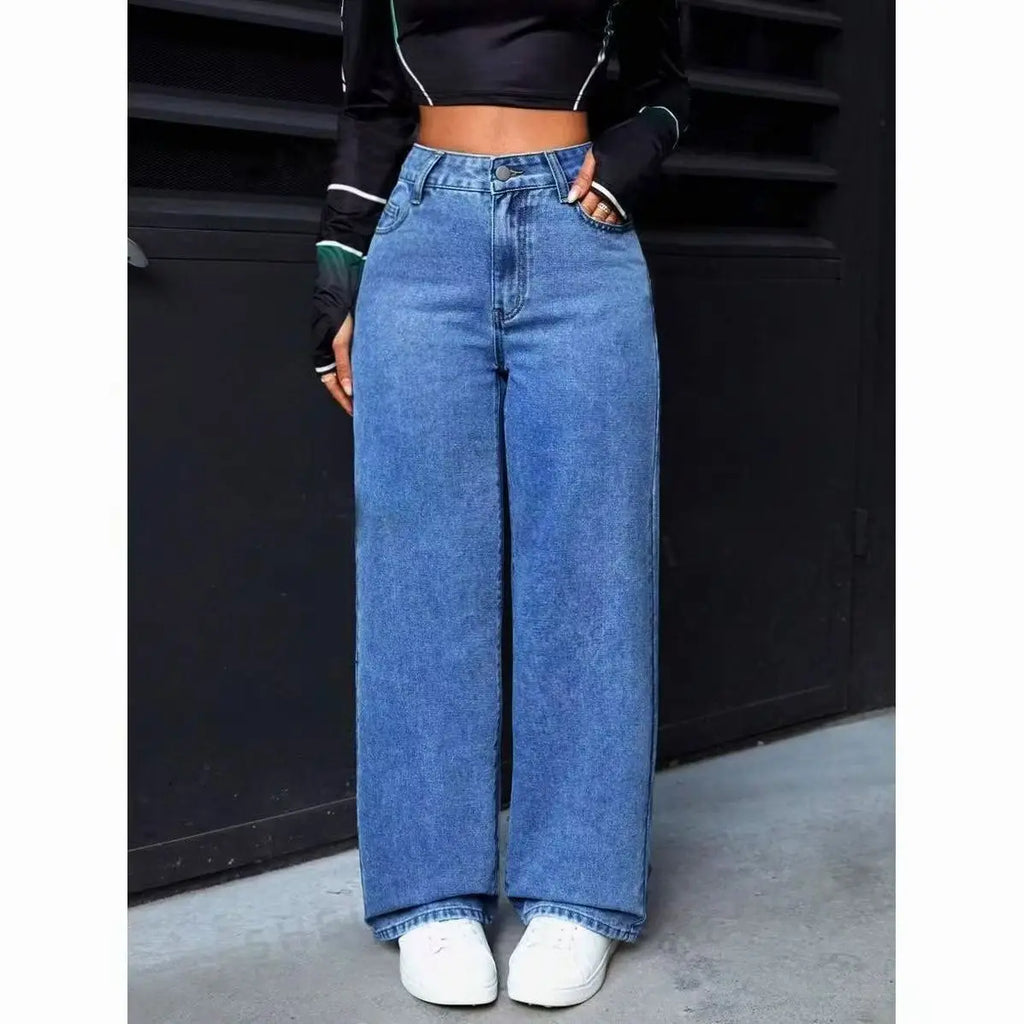 Ladies Washed Wide Leg Jeans High Waist Loose Casual Straight Leg Daily Bottoms