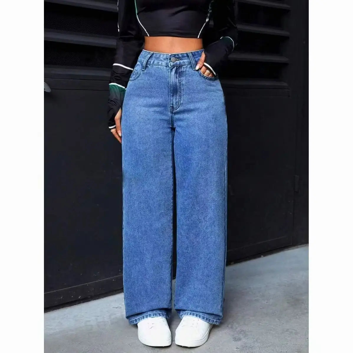 Ladies Washed Wide Leg Jeans High Waist Loose Casual Straight Leg Daily Bottoms