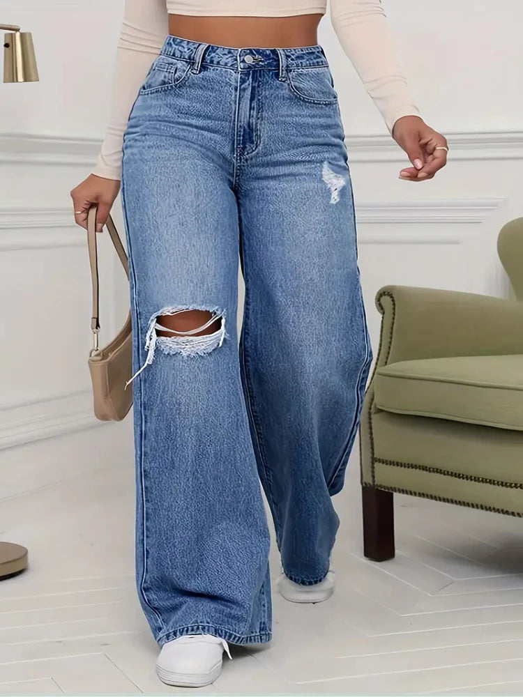 Women's Jeans Denim Pants Wide Leg Vintage Distressed Ripped Trousers