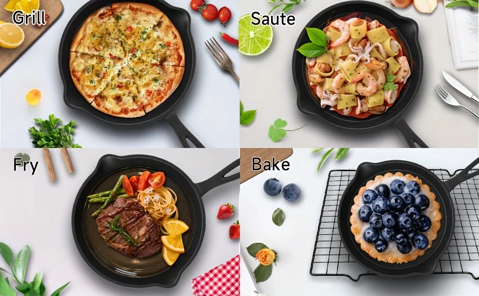 3-Piece Cast Iron Skillet Set (6/8/10 Inch) - Pre-Seasoned, Non-Stick, Heavy-Duty Pans for Oven, Grill & Campfire Cooking