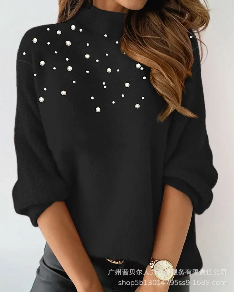 Turtleneck Long-Sleeved Top Knitted Sweaters Beaded Casual Sweaters Women Solid Color Fashion Loose Woolen Sweaters