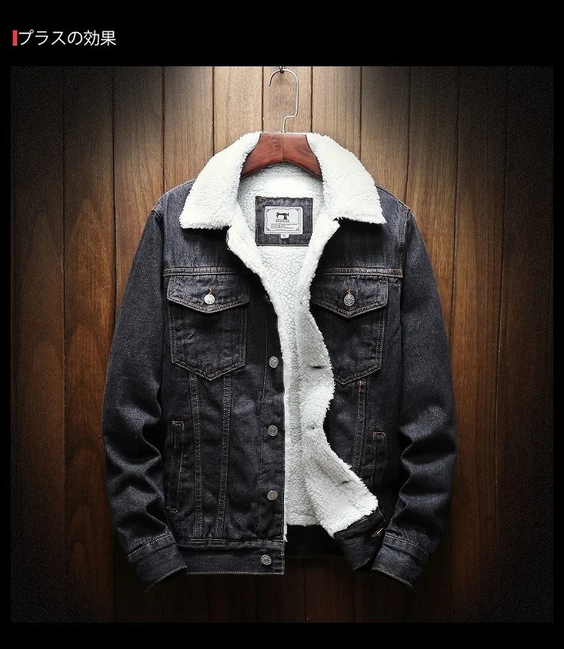 Winter Men's Fleece-Lined Denim Jacket Korean Fashion Windproof Warm Multi-Pocket Lapel Jacket Man High Street Vintage Jean Coat