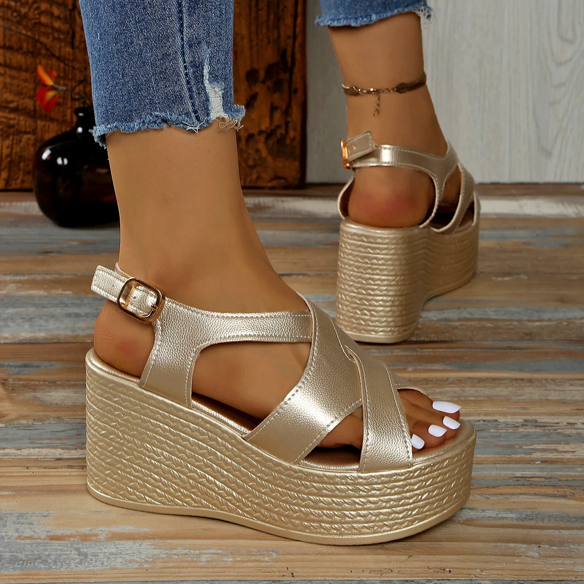 Women Sandals Summer New Golden Wedges Ankle Buckle High Heels Shoes Peep Toe Open To Elegant Sexy Sandals for Women