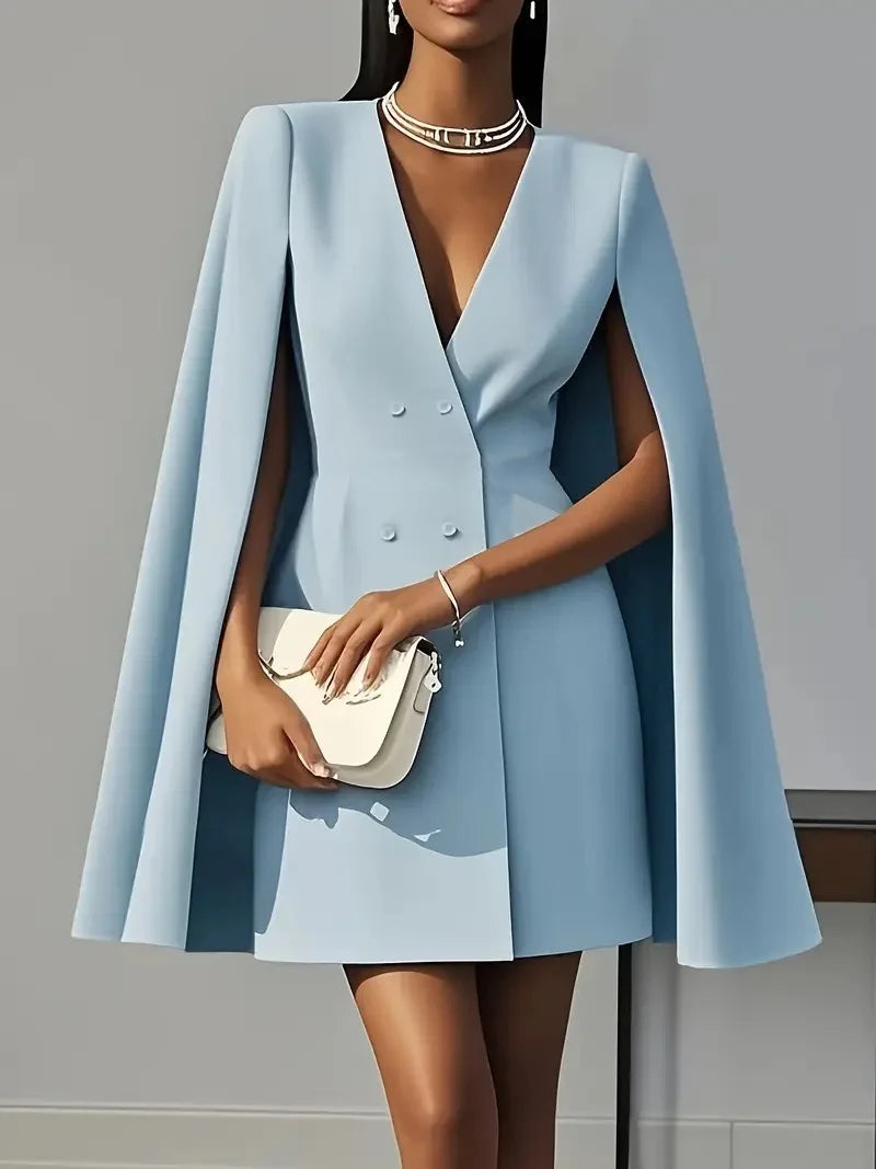 Women's suit dress for autumn office wear, double-breasted cape-like cloak, solid color V-neck suit jacket