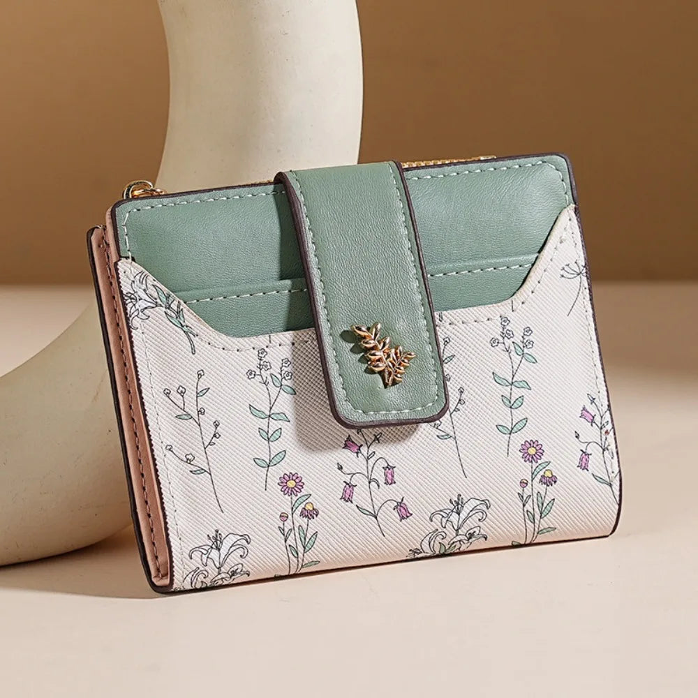 Slim PU Leather Short Wallet INS Multi-Cards Zipper Coin Purse Hasp Small Flowers Card Bag Wallet Zipper Hasp For Women Girl