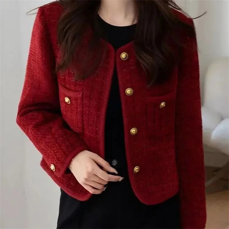 Spring Autumn New Red Tweed Small Fragrance Coat Short Blazers Korean Fashion Elegant Female Tops Outerwear
