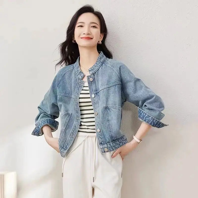 Women's Retro Washed Denim Jacket, Casual Motorcycle Jacket, Stand Collar, Basic Coat, Light Blue, Female Fashion, Autumn, Winte