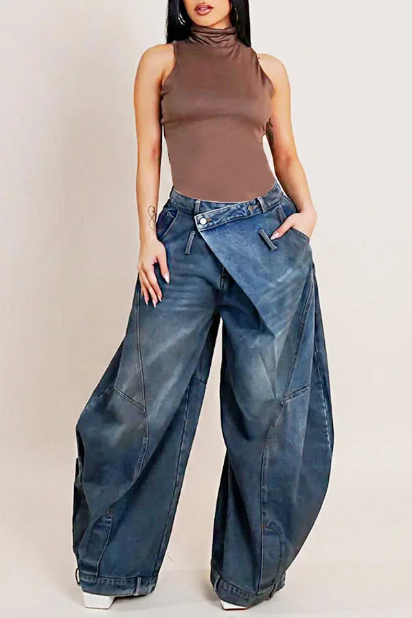 Wide Leg Pants Women Vintage Denim Jeans Punk Style Loose Trousers Stretch Mid Waist Washed Distressed 2026 Mom Streetwear