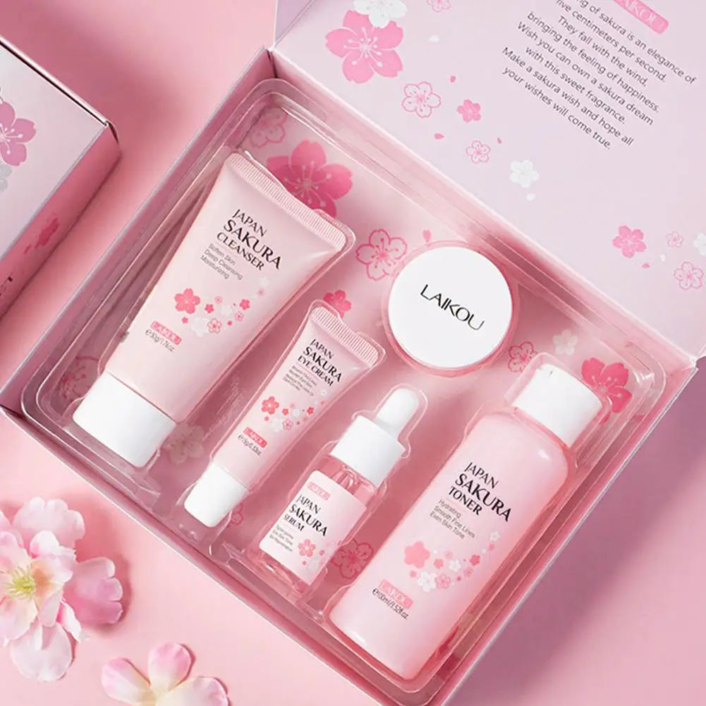 Sakura skin care sets with cleanser, serum, eye cream, facial cream, sunscreen beauty products for women, travel skin care kit