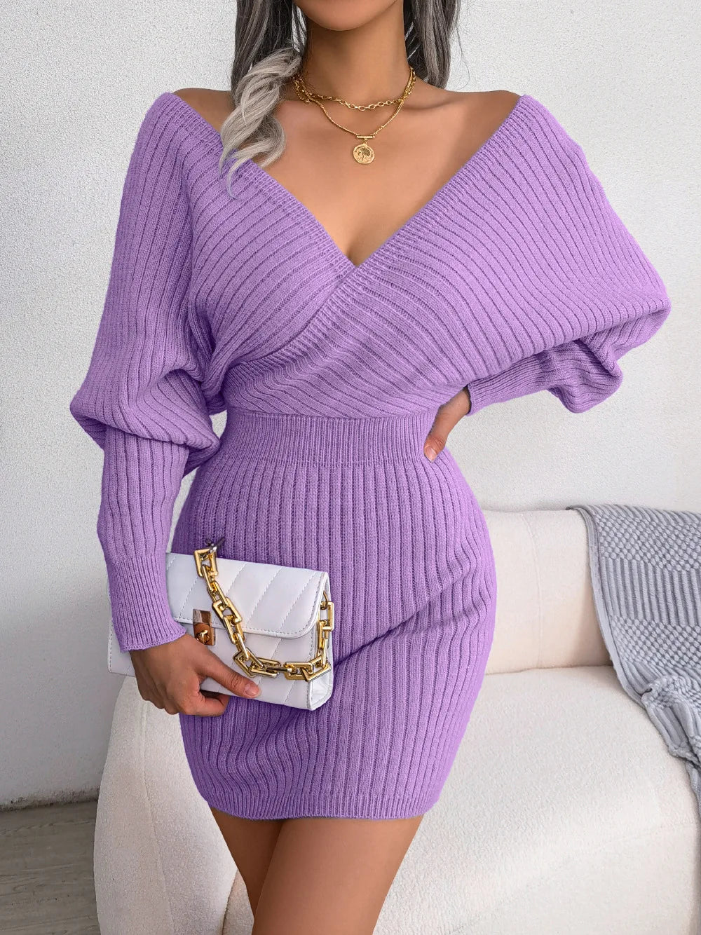 Women's V Neck Waist Tie Sweater Dress - Bodycon Long Sleeve Solid Knit for Fall Winter Holiday Party