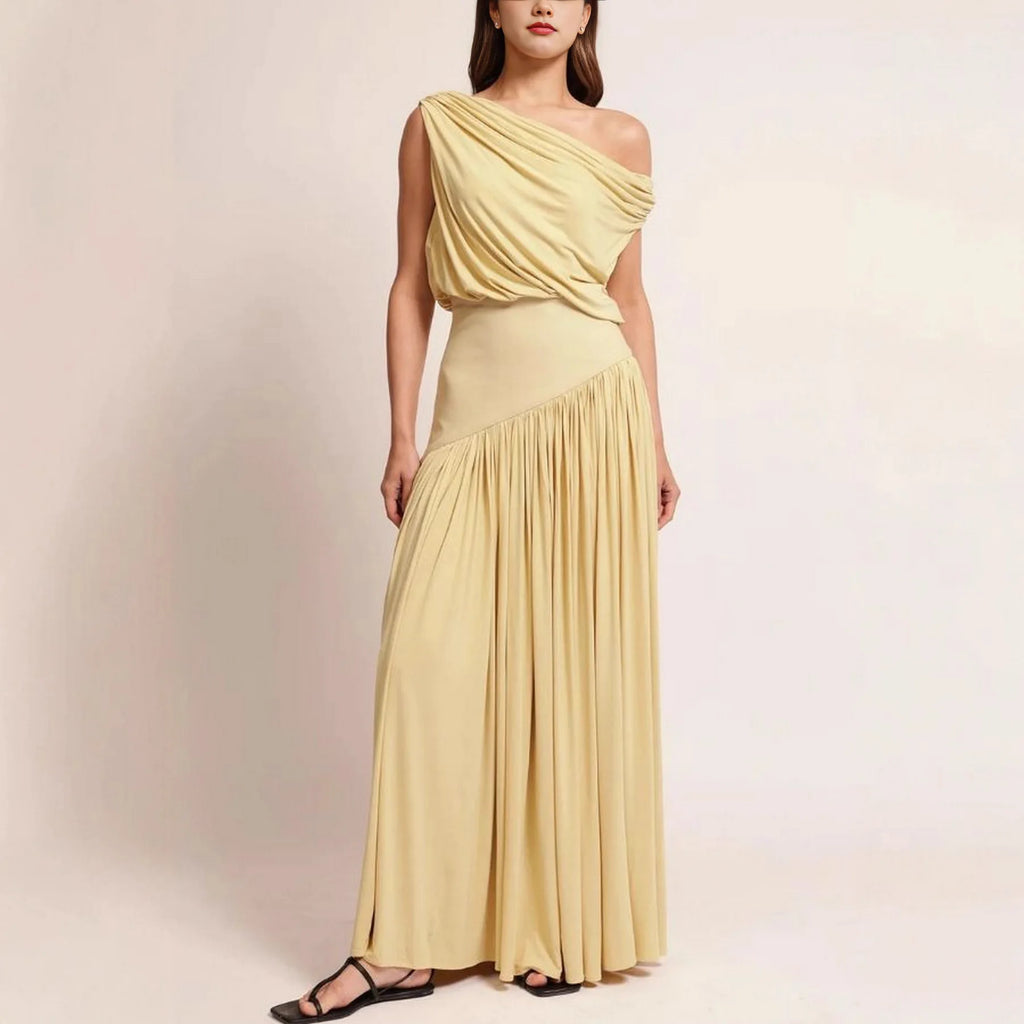 Female Clothing Women's Dress 2025 New Elegant Slant Neck Off-Shoulder Waist Long Solid Color Dresses Elegant Party Dresses 2025