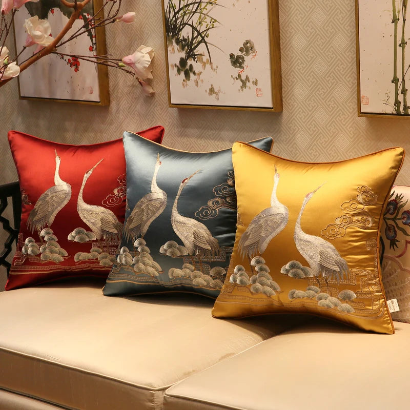 Chinese Style Crane Hugging Pillowcase Living Room Sofa Decoration Embroidered Cushion Cover Home Decor Luxury Pillow Covers