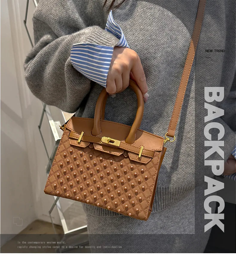 Mini Kelly-Inspired Bag - Women's Heavy Rivet Street Style Handheld Shoulder Crossbody Stylish Versatile