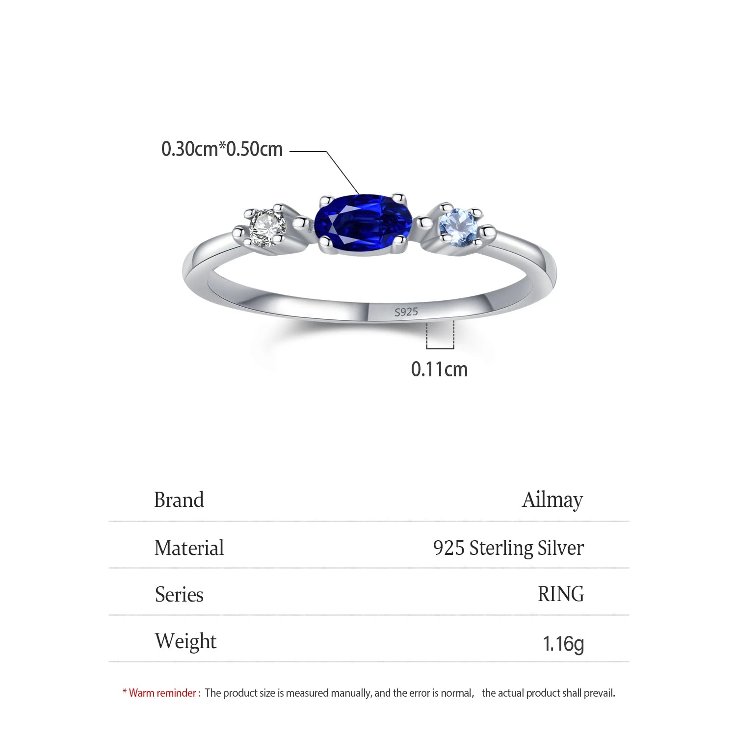 Ailmay 925 Sterling Silver Simple Stackable Blue Zircon Ring For Women's Daily Wear, Parties, And Gift Giving
